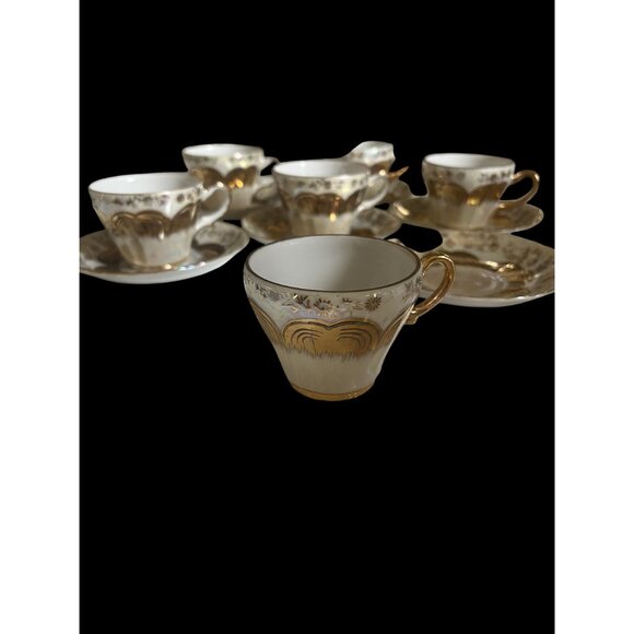Vintage Sterling China Floral Gold Opalescent Demitasse Set Of 6 Cups & Saucers - Picture 8 of 9